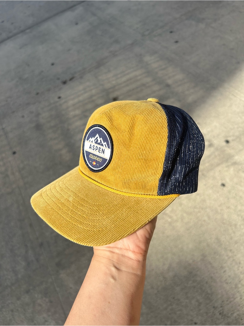 Aviator Nation Vintage Mustard Yellow and Navy Trucker Hat with Aspen Patch